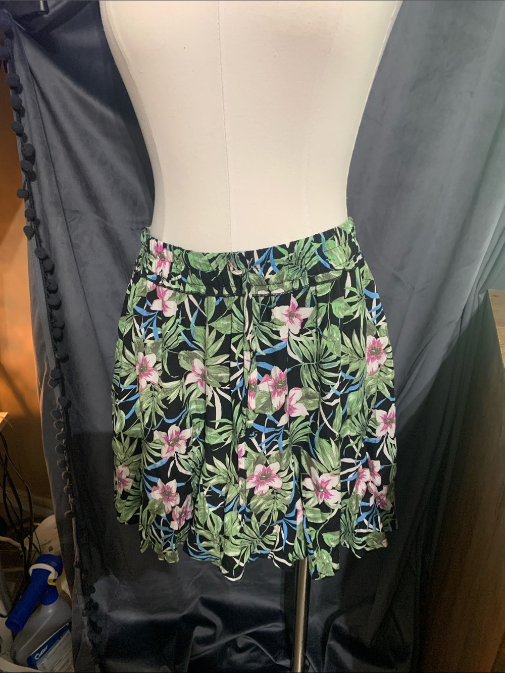 Blue Rain Black Floral Mini Skirt with Green Leaves and Pink Flowers